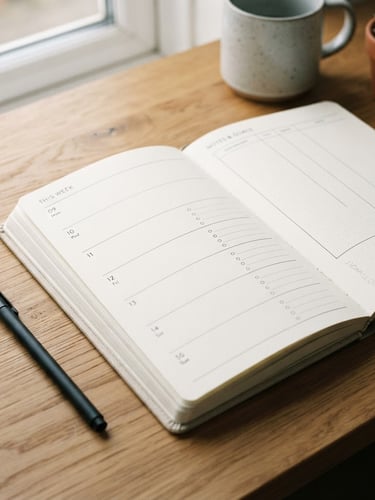 Close-up of a minimalist physical planner on a wooden desk, soft morning light reflecting on clean surfaces, organized workspace