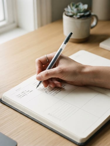 Close-up of a hand writing in a structured paper planner on a clean wooden desk, soft morning light casting gentle shadows, minimalist aesthetic