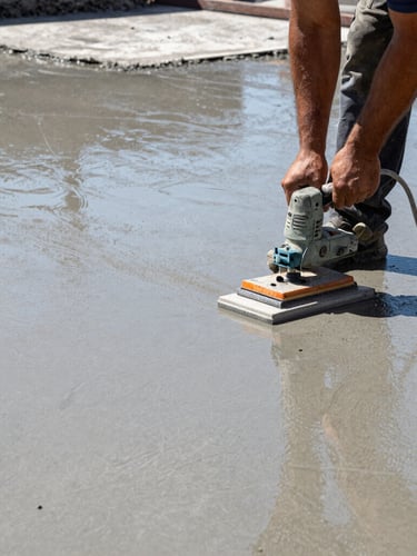 Close-up of a worker using a power trowel to finish a polished industrial concrete floor, glistening wet concrete surface, high contrast daylight.