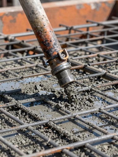 Close-up of wet concrete pouring from a pump hose onto a steel reinforcement grid, harsh midday sun, gritty texture, 35mm lens
