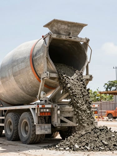 Low-angle heroic shot of a massive concrete mixer truck pouring concrete into a large hopper on an active construction site in Maceió, bright high-contrast outdoor daylight, gritty texture, industrial site photography, 35mm lens