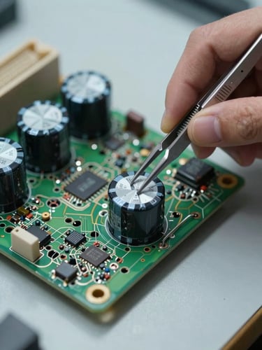 Close-up overhead shot of a technician's hand placing a genuine replacement capacitor onto a TV circuit board with precision tweezers, cool neutral workshop light, sharp component detail