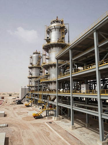 Wide environmental shot of a completed large-scale industrial facility in Saudi Arabia, overcast natural daylight, concrete and steel structure filling the right frame, expansive site yard visible on the left with construction equipment at distance, low horizon line emphasizing scale