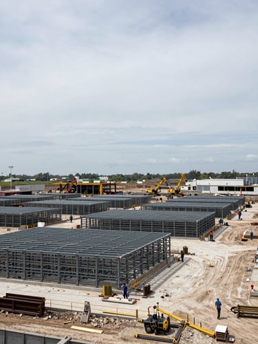 Wide panoramic view of a large Gulf construction site at neutral daylight, steel framework and concrete foundations stretching across the frame, heavy equipment visible at distance, overcast sky providing even exposure, scale emphasized by workers at far ground level