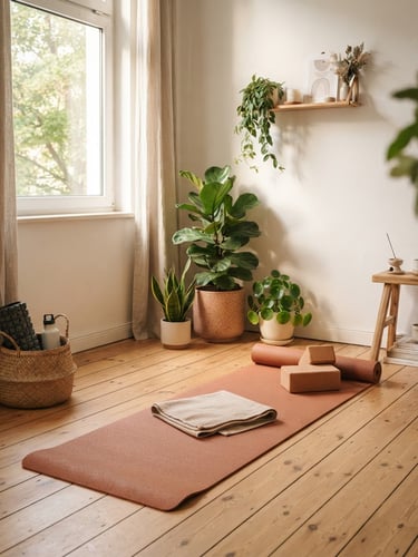 A cozy, sunlit home workout corner with a terracotta yoga mat, green plants in ceramic pots, soft morning light, warm editorial style.
