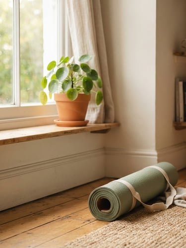 Warm environmental shot of a cozy home corner with a rolled-up yoga mat, soft morning light streaming through a window, terracotta pot with a green plant in the background