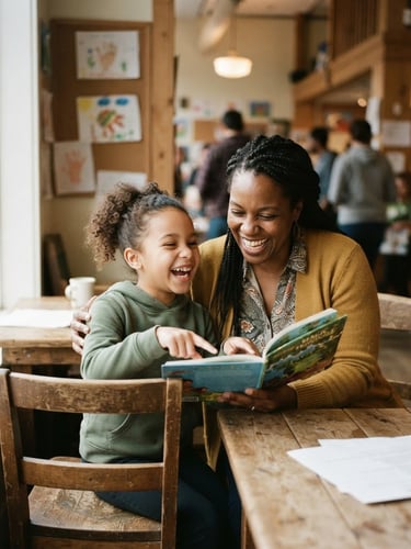 Candid shot of a mentor and child laughing while reading a book together in a sunlit community center, soft focus background, warm documentary photography, soft overcast natural light, earthy muted tones, 35mm film grain, child on left, adult on right