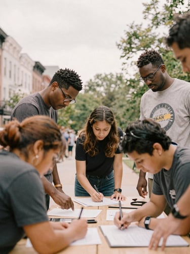 Candid shot of a diverse group of community members and foundation staff collaborating on a project in a Washington neighborhood park, soft overcast daylight, medium shot showing hands-on work and engaged faces.