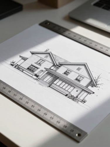 Architectural elevation drawing on a clean desk, technical ruler, high-contrast side lighting, sharp shadows, elegant minimalist setting.
