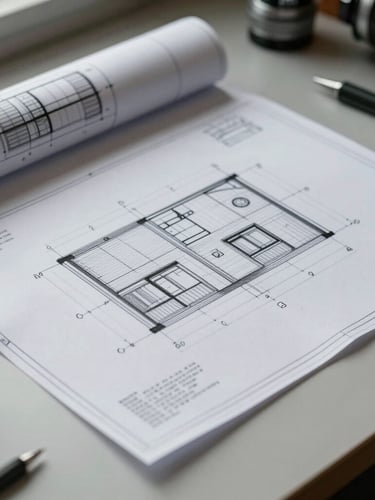 Technical architectural drawing and blueprints laid flat on a clean slate desk, sharp side lighting, precise technical editorial style.