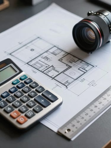Technical architectural blueprint layout on a clean dark desk next to a modern calculator and architectural scale ruler, sharp side lighting, high contrast.