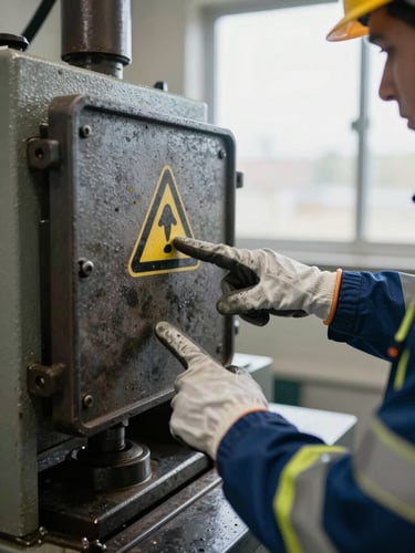 Close-up of a safety consultant's gloved hands pointing at a worn machine guard on an industrial press, hazard marker visible, cold daylight from a nearby window illuminating the metal surface, documentary framing