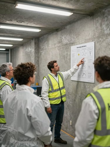 Safety consultant standing before a small group of workers in PPE inside a workshop, pointing to a laminated hazard diagram mounted on a concrete wall, natural overhead fluorescent light, documentary wide shot