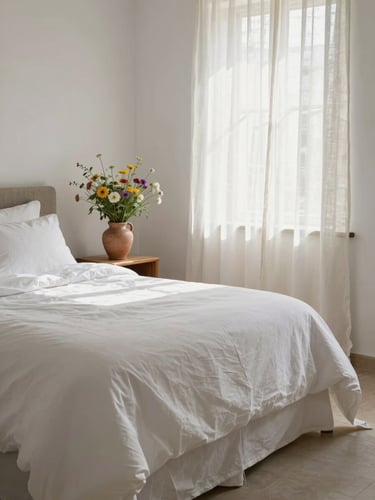 Wide shot of a freshly made Mediterranean bedroom, crisp white linens, a small bunch of wildflowers in a clay vase on the bedside table, late morning light through linen curtains