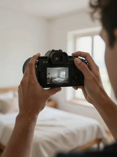 Close-up of a photographer's hands framing a bright Mediterranean bedroom through a camera viewfinder, warm morning light, white walls, natural linen visible