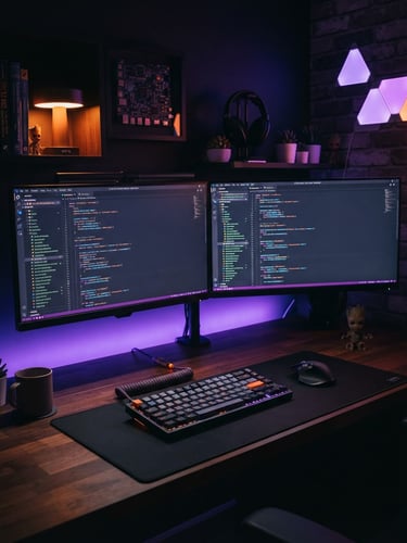 A clean modern developer workspace with a mechanical keyboard and a dual monitor setup displaying lines of clean code, illuminated by purple and orange ambient neon lighting, sharp focus, 35mm lens.