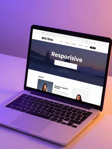 A close-up of a high-quality responsive website mockup displayed on a modern laptop screen, resting on a clean white desk, subtle purple and orange neon glow, sharp focus.