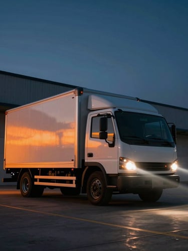 Low-angle dynamic shot of a clean modern box truck parked in front of an empty, spotless warehouse at dusk, dramatic orange sunset reflections on the metallic side, 35mm cinematic lens.