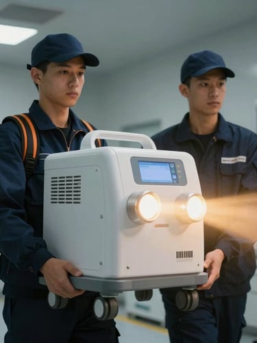 Two professional delivery specialists in clean uniforms carefully carrying a premium high-value medical device inside a modern clinical facility, soft golden lighting, close-up details