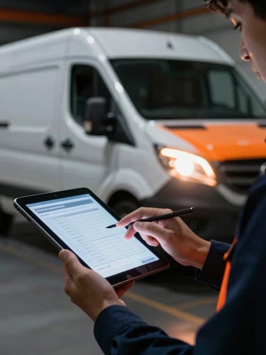 Close-up of a professional logistics coordinator checking routing details on a tablet, a sleek cargo van visible in the background under soft warehouse lighting, high-contrast orange accent