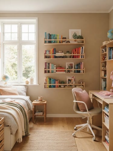 Sunlit teen bedroom, highly organized, featuring a pastel gaming desk and floating wooden book racks, soft diffused morning light, medium-wide environmental shot showing spatial flow, light birch and ash woods, clean architectural lines.