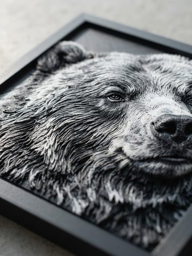 Sharp macro product photography of a textured HueForge frame, bright natural side light casting detailed shadows on physical filament layers, neutral gray background, 35mm