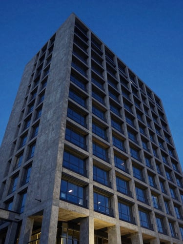 Wide-angle architectural photograph of a modern concrete and steel high-rise building at twilight, sharp clean lines, deep blue hour lighting, high contrast, 35mm