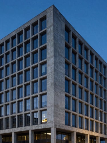 Dramatic architectural twilight shot of a modern concrete and steel corporate headquarters, sharp clean lines, high-contrast blue hour lighting, 35mm