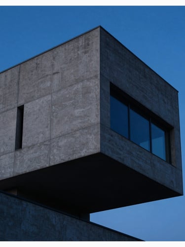 Dramatic architectural angle of a modern concrete and steel cantilevered building, high-contrast twilight lighting with deep blue tones