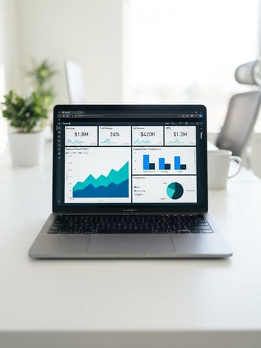 Bright high-key product photography, clean laptop screen showing a modern Power BI financial dashboard with KPI cards and revenue charts, soft studio light, shallow depth of field