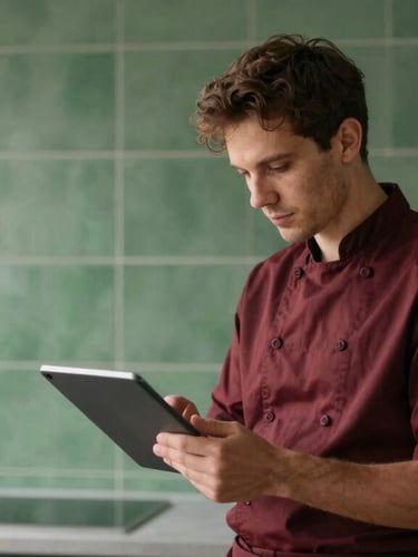 A vertical portrait of a modern chef in a minimalist kitchen looking at a tablet dashboard, soft natural window lighting, matte forest green tiled wall in the background, 35mm photography.