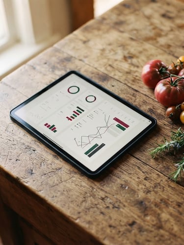 Overhead shot of a minimalist financial dashboard displayed on a tablet resting on a rustic wooden kitchen counter, next to fresh heirloom tomatoes and rosemary, warm natural window light, soft shadows, 35mm photography