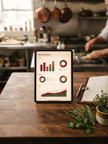 Overhead shot of a minimalist financial dashboard displayed on a tablet resting on a clean wooden table in a warm, sunlit restaurant kitchen, fresh herbs and a ledger nearby.