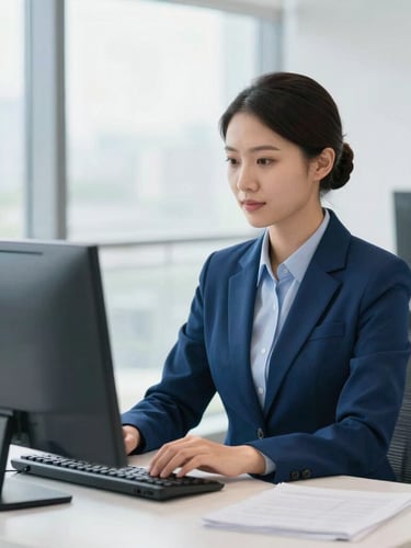 Medium shot of a professional travel agent working with dual monitors in a bright, modern corporate office, natural daylight, professional blue and white tones