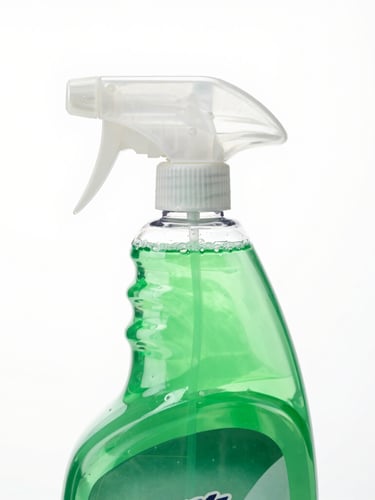 A close-up portrait of a green floor cleaner bottle, showing clear liquid viscosity details under bright clinical studio lighting, right-aligned bleed.