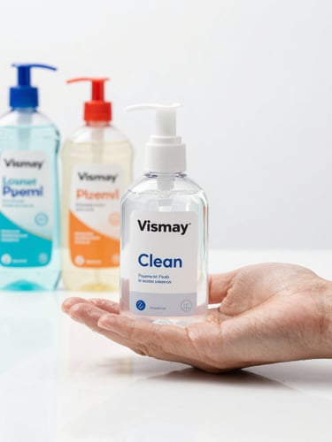 Bright high-key product photography of a Vismay Clean handwash bottle next to a clean hand, with floor cleaner and phenyl bottles in the background on a clean white reflective surface, sharp focus, clinical lighting