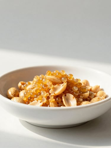 Close-up of golden slow-roasted peanuts and crispy sago pearls in a modern ceramic dish, side-lit by warm morning sun, clean negative space