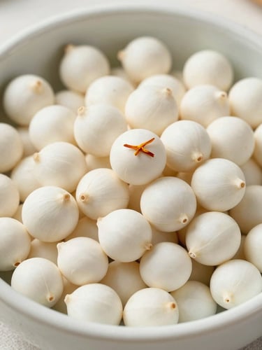 Top-down macro shot of clean white makhana in a minimalist ceramic bowl, soft natural daylight, saffron accent, shallow depth of field, 35mm