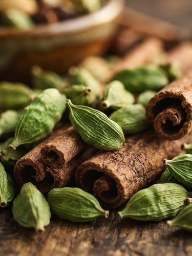Macro shot of vibrant green cardamom pods and raw cinnamon bark in natural afternoon sunlight, warm editorial photography, bright natural daylight, rich organic earth tones, clean composition, shallow depth of field, 35mm