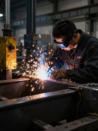 Close-up of a technician welding heavy steel agricultural machinery in a modern industrial workshop, bright sparks fly, high-contrast dark-mode lighting, sharp focus
