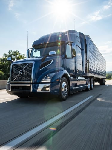 Dynamic low-angle shot of a modern commercial semi-truck driving on a clean highway under bright natural daylight, high-contrast sun-flares, sharp commercial photography.