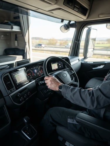 Sharp commercial photography of a modern semi-truck cabin interior, a driver's hand on the steering wheel, bright daylight, professional depth of field.
