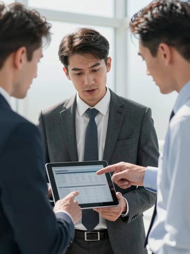 Professional business consultation, two men in discussion pointing at a tablet screen showing logistics data, bright natural daylight, high-contrast corporate tones.
