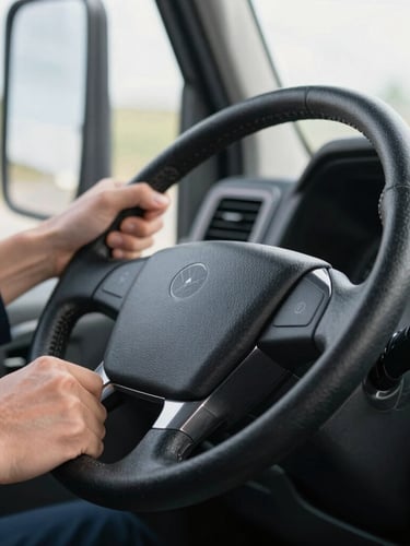 Close-up of professional hands holding a heavy-duty truck steering wheel, clean daylight, sharp commercial photography, shallow depth of field.