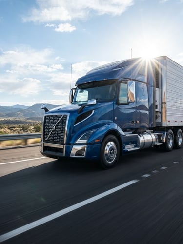 Dynamic low-angle shot of a modern commercial semi-truck driving on a clean US highway under bright natural daylight, crisp sun-flare, professional commercial photography style