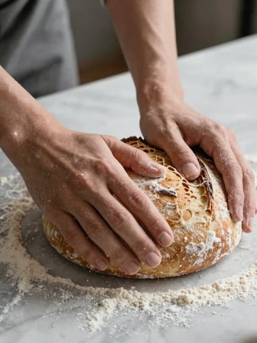 Close-up of hands kneading sourdough on a floured marble counter, soft morning light, high contrast, warm textures.