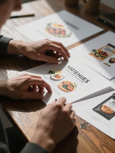 A hands-on agency strategist in soft Scandinavian daylight, reviewing physical print proofs of food packaging on a dark wooden table, natural shadows, editorial composition.