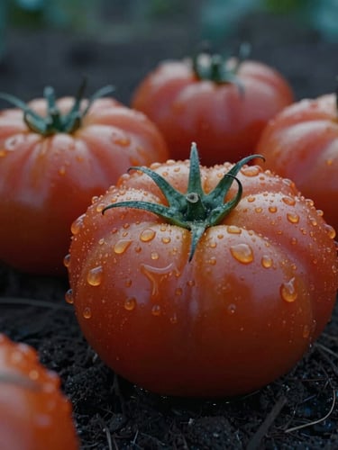 Close-up of fresh heirloom tomatoes with water droplets, resting on dark soil, soft Scandinavian evening light, cinematic 21:9 framing.