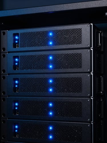 Sleek tech photography, close-up of a modern server rack with cool blue neon indicator lights, deep charcoal tones, sharp macro focus, high contrast, 35mm