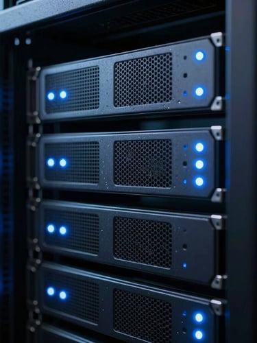Macro shot of modern server racks with glowing blue status lights, cool-toned studio lighting, high contrast, 35mm